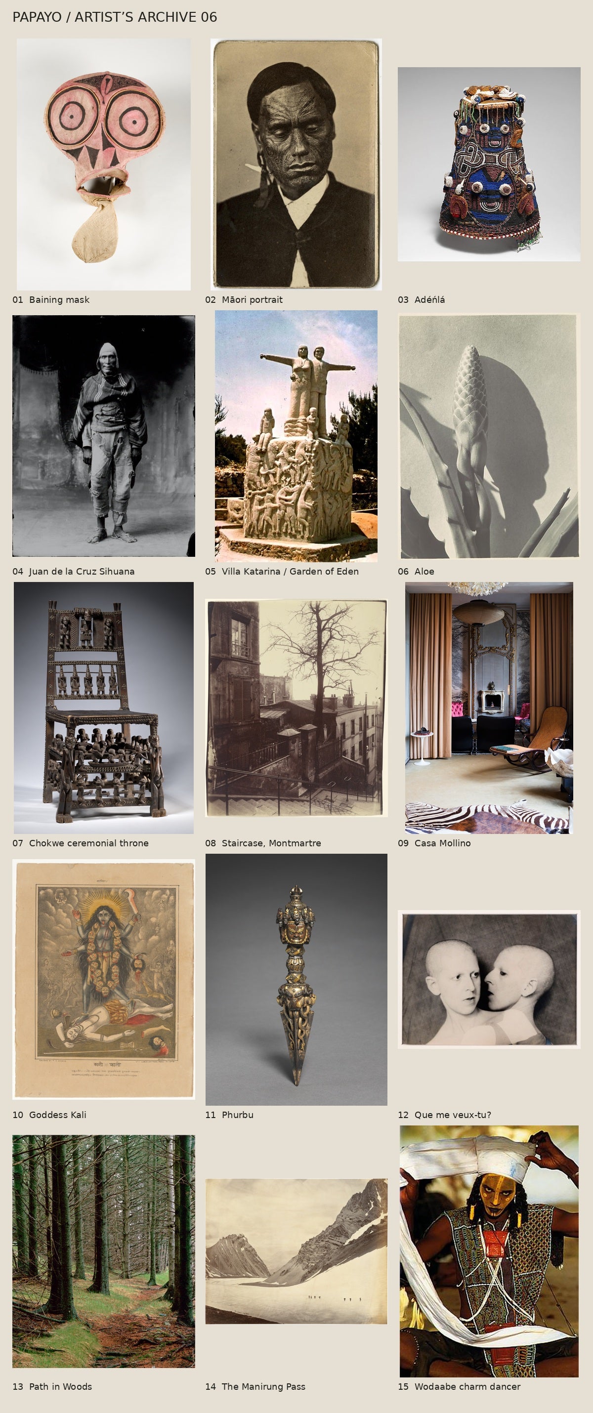 Artist Archive 06 — fifteen references, including Goddess Kali at number 10.