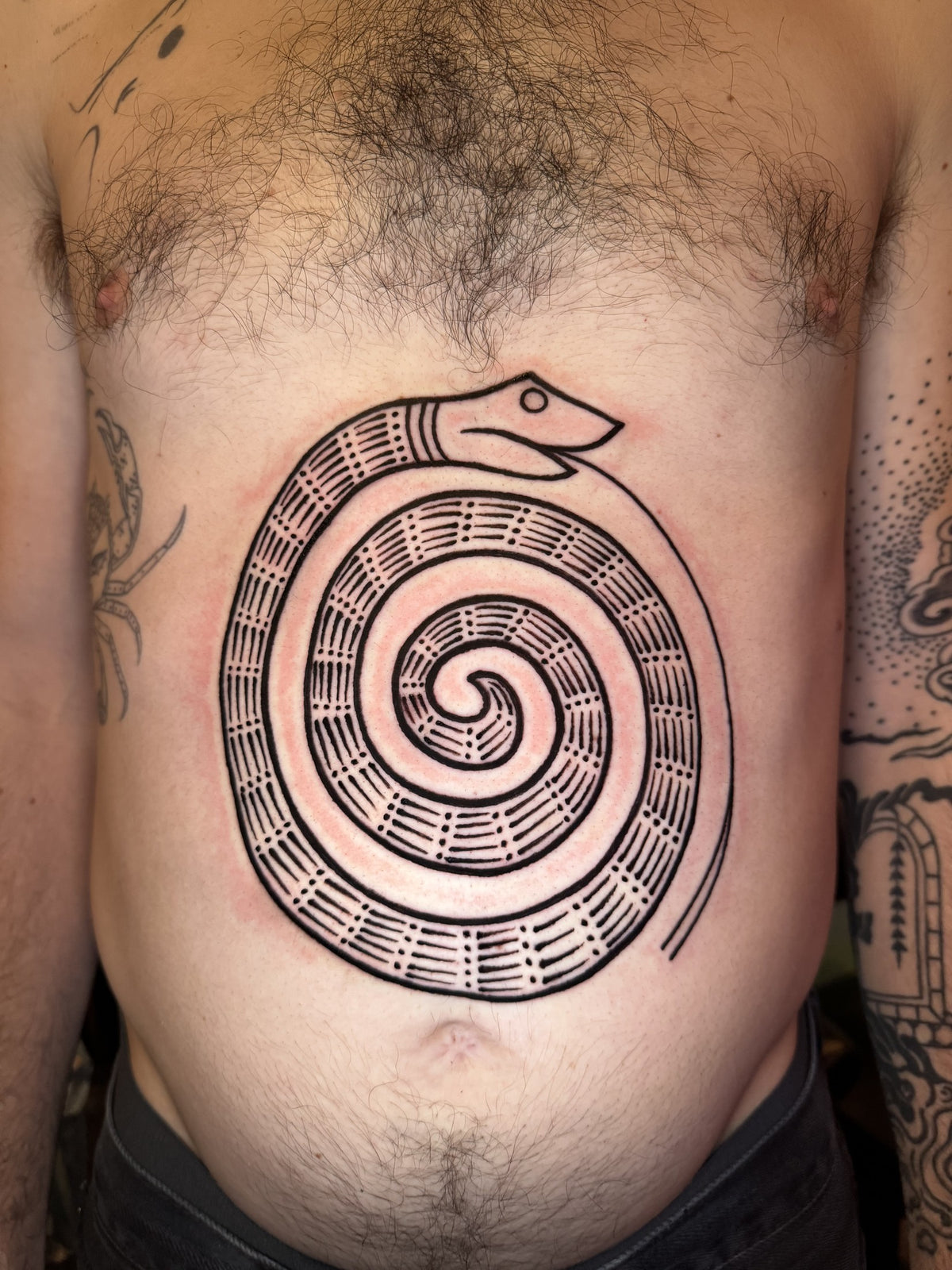 Spiral snake tattoo on the ribs