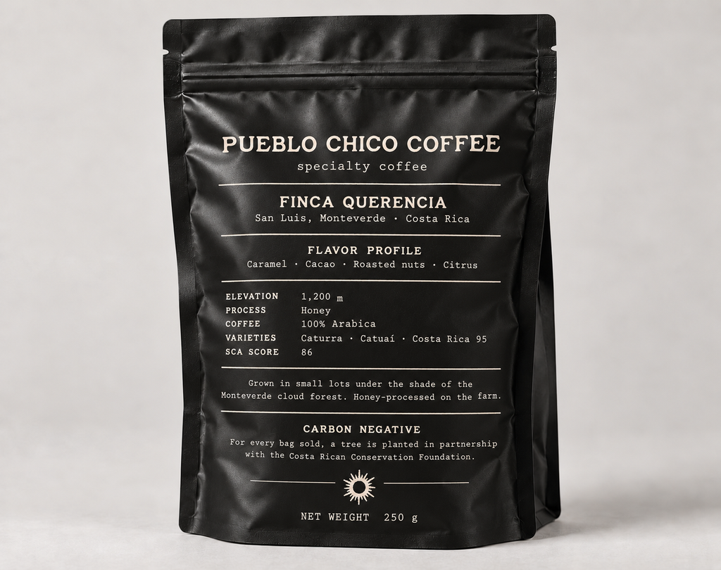 Back of Pueblo Chico Coffee 250g bag with origin, tasting notes and coffee details
