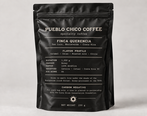 Back of Pueblo Chico Coffee 250g bag with origin, tasting notes and coffee details