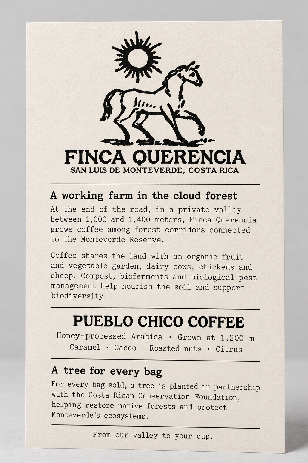 Finca Querencia information card with supplied horse and sun logo